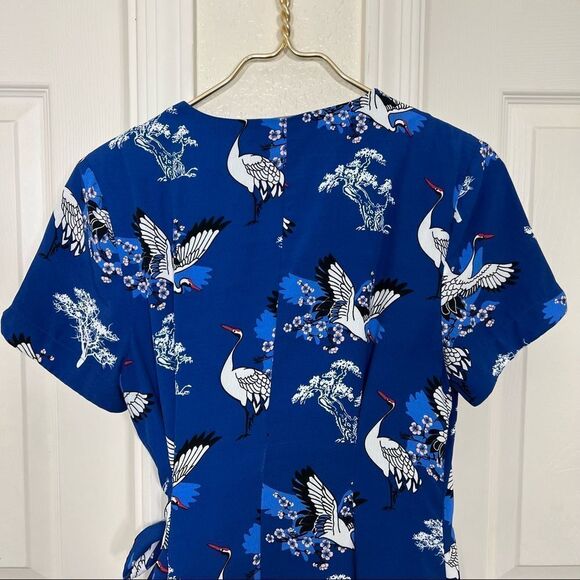 Dollz & Dames Blue Wrap Dress All Over Bird Print Cranes Size Small - Picture 8 of 15